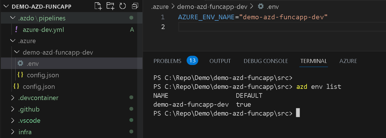 Output of azd list env command