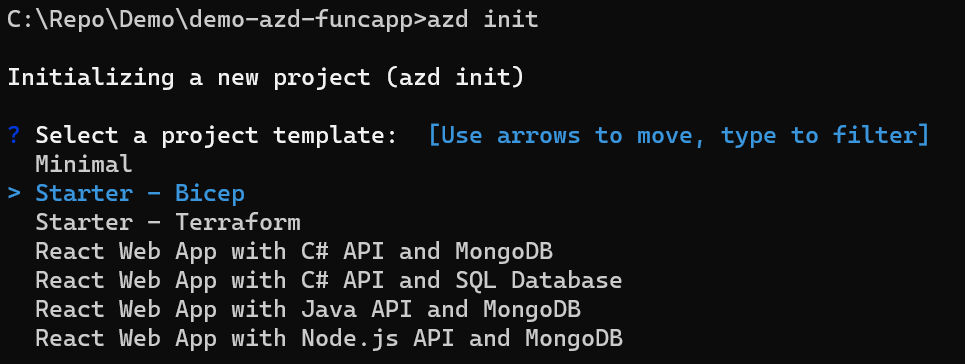 azd init selecting template