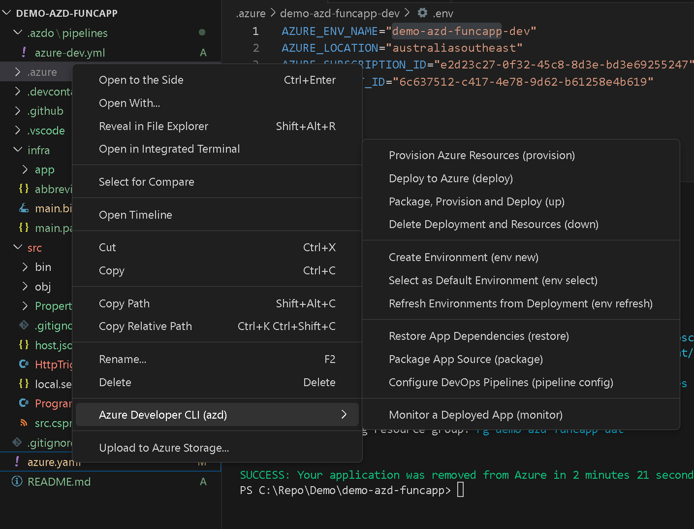 VS code AZD menu